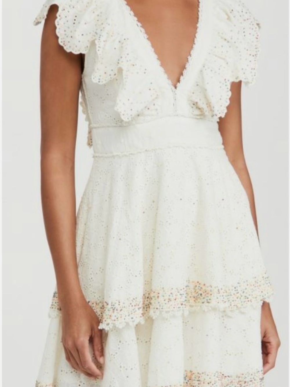 FARM Rio Ivory Eyelet Ruffle V-Neck Dress with Multicolor Beaded Dots - Picture 2 of 16